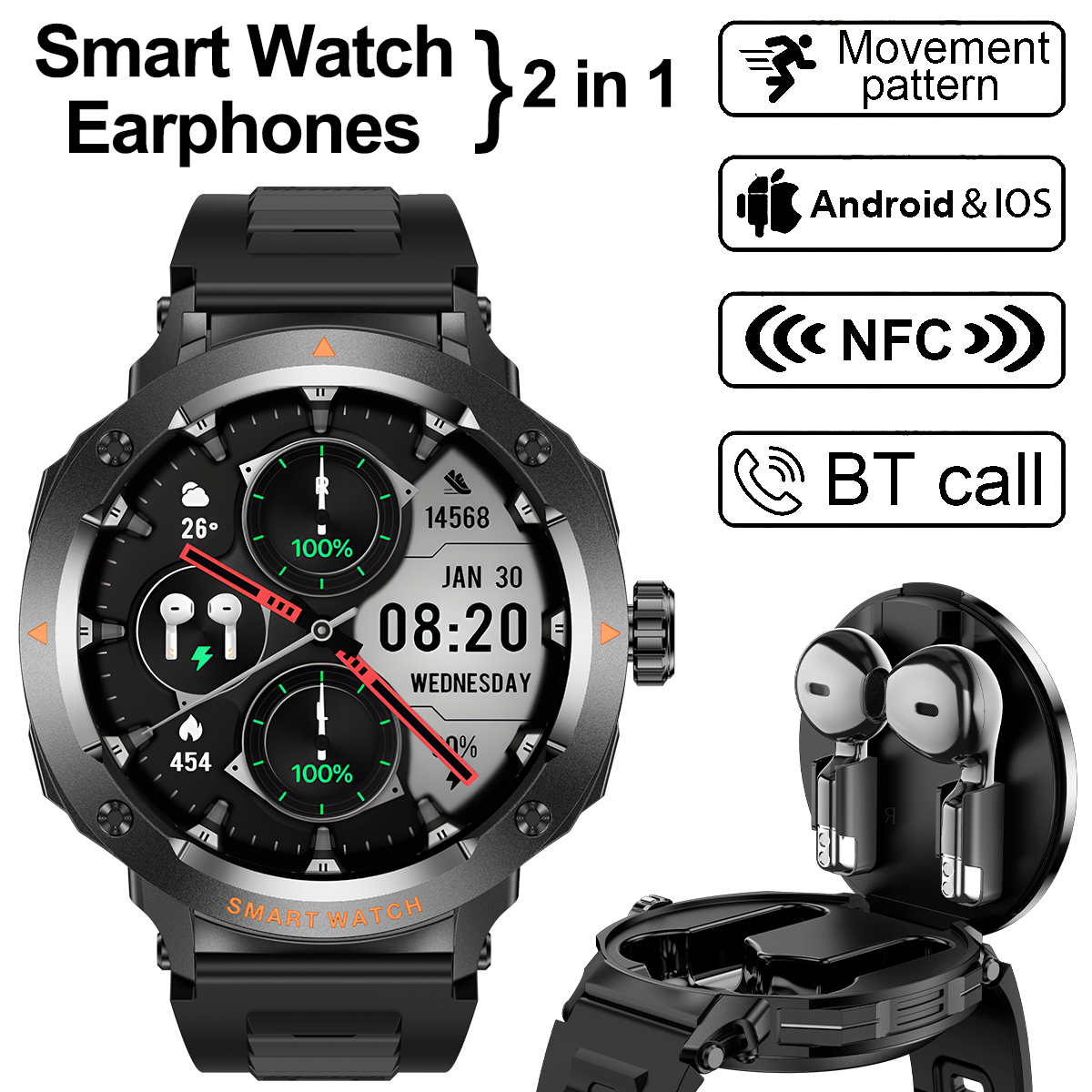 NFC Smart Watch Wireless Earph - مراجعة Earbuds Charging Case وسعره